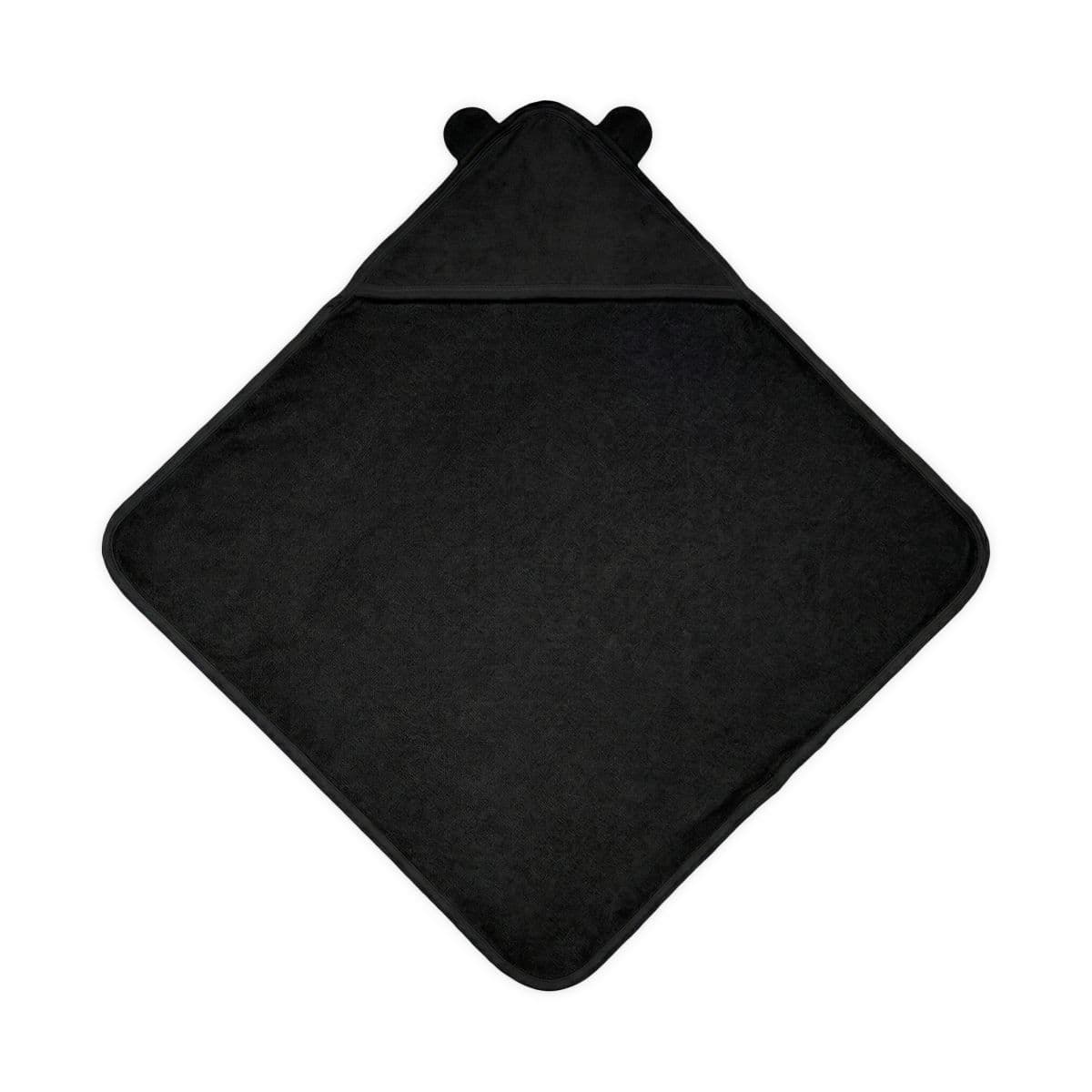 Plain black terry hooded towel with ears (embroidery), front view