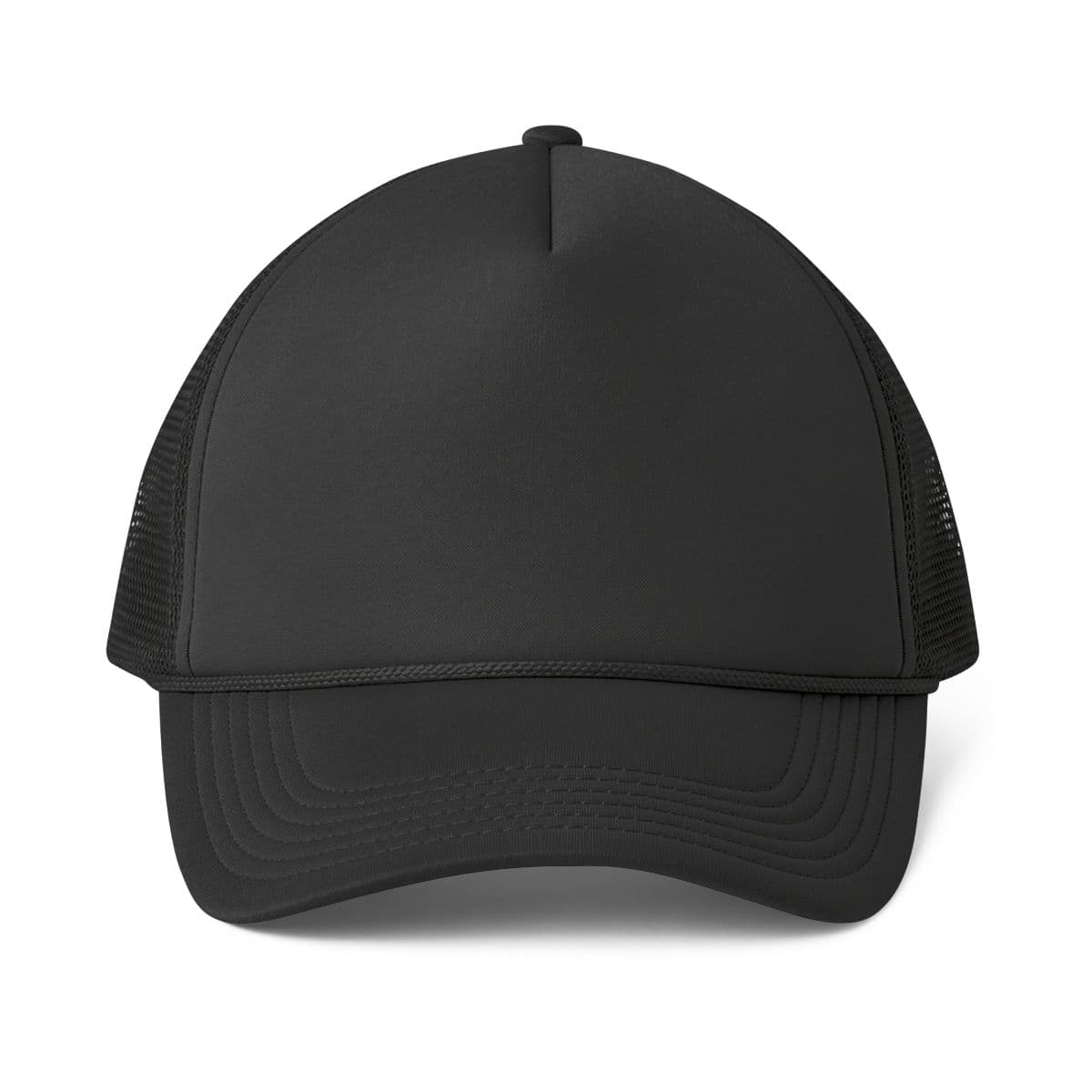 Plain black / black foam mesh-back trucker cap, front view