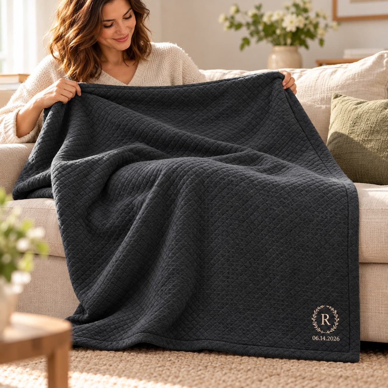 Custom Embroidered Diamond Quilted Blanket with Your Logo or Text