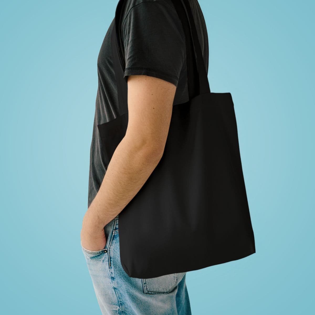 Plain black cotton tote bag, front view — view 2
