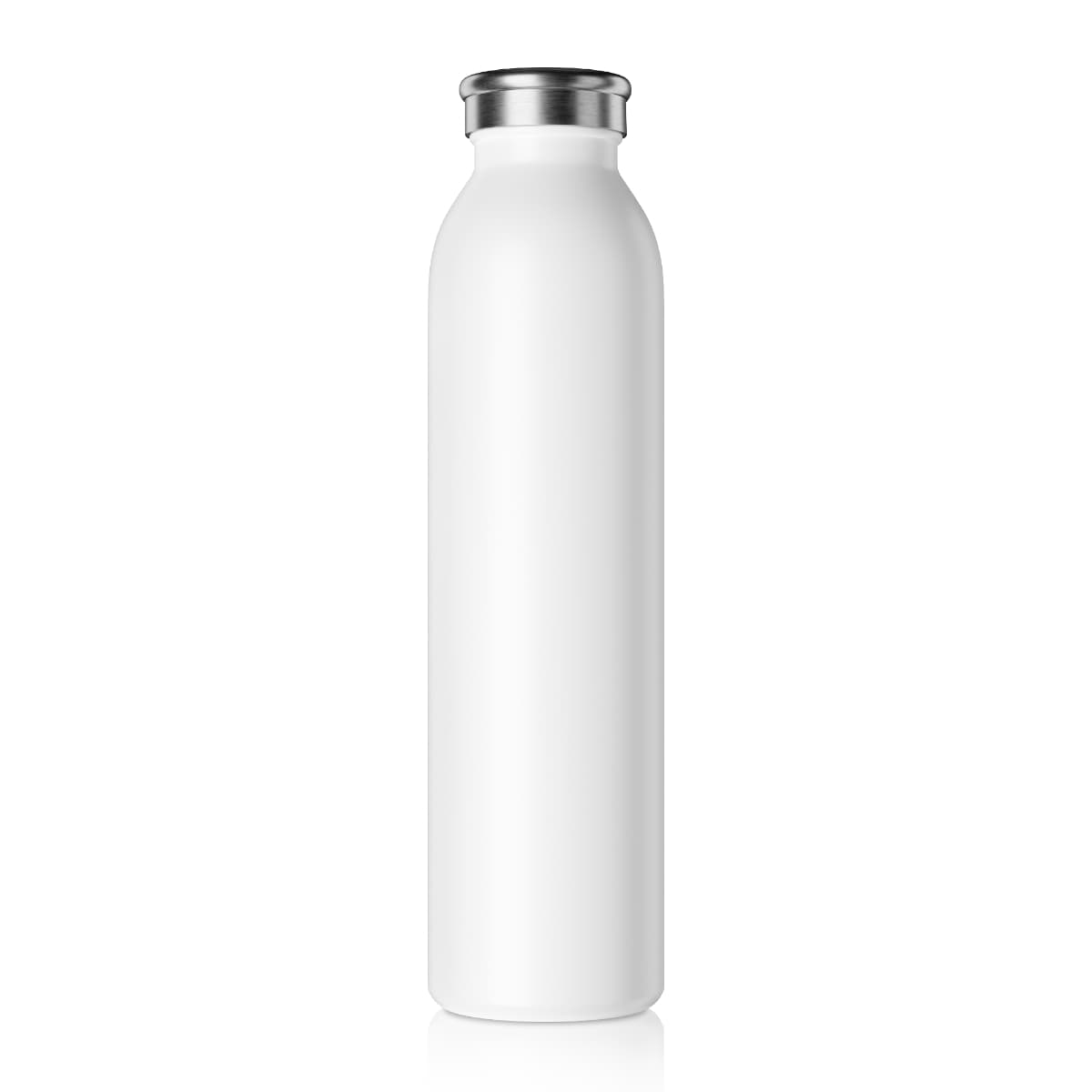 Plain white slim water bottle, front view