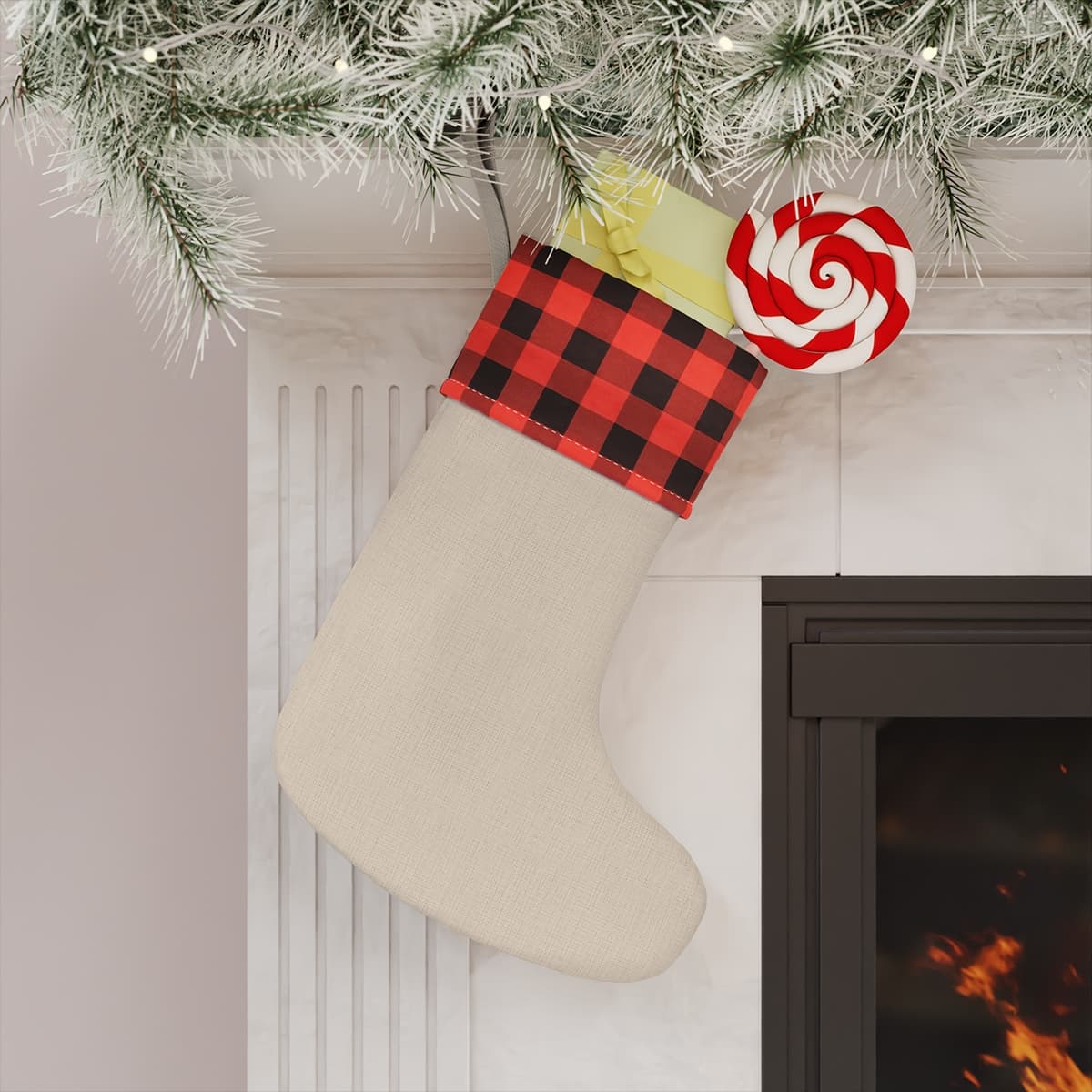Custom Plaid Cuff Linen Christmas Stocking with Your Photo or Text