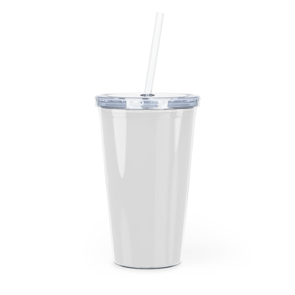 Plain transparent plastic tumbler with straw, front view