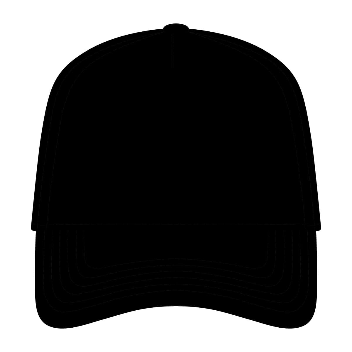 Plain black five-panel twill cap, front view