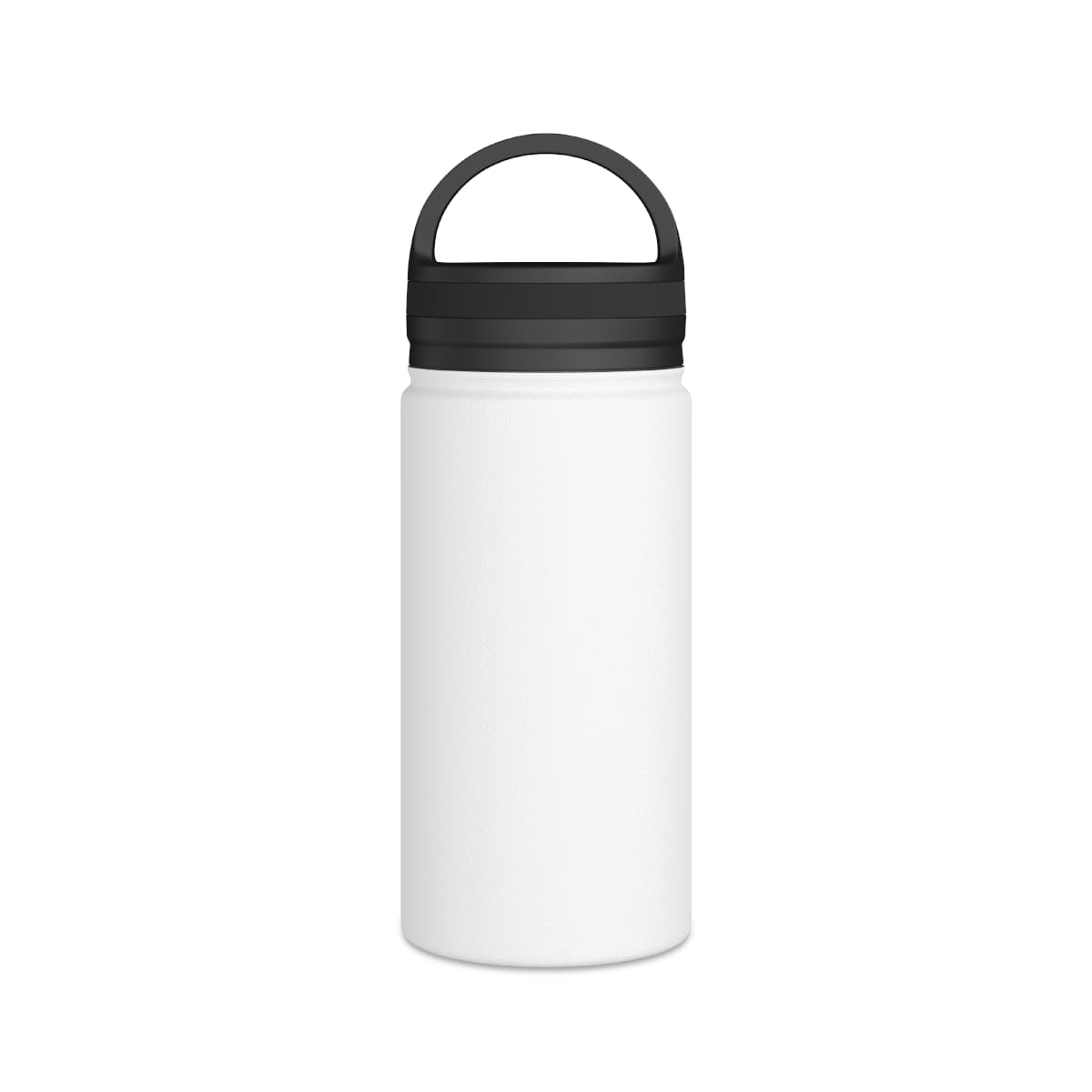 Plain white stainless steel water bottle, handle lid, front view