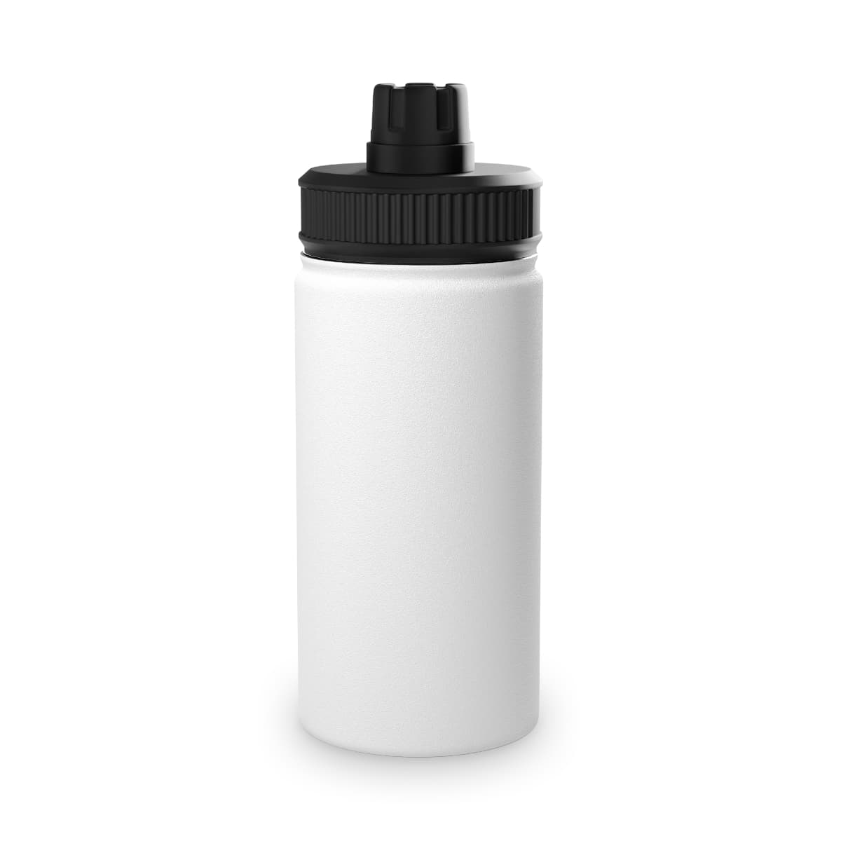 Plain white stainless steel water bottle, sports lid, front view