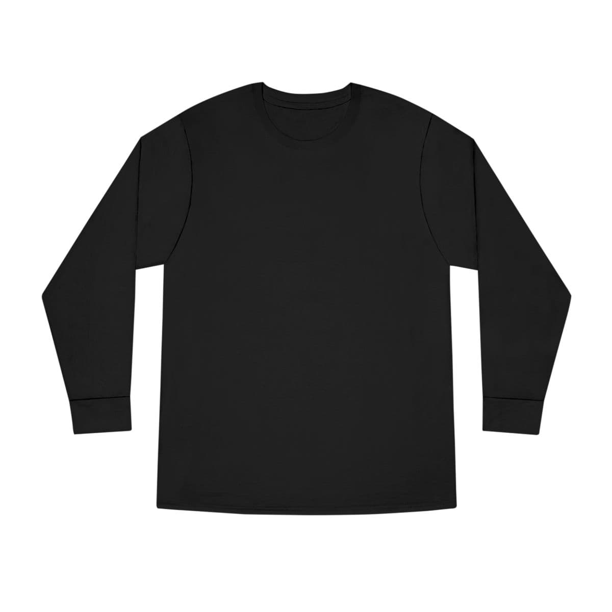 Plain black long sleeve crewneck tee, front view