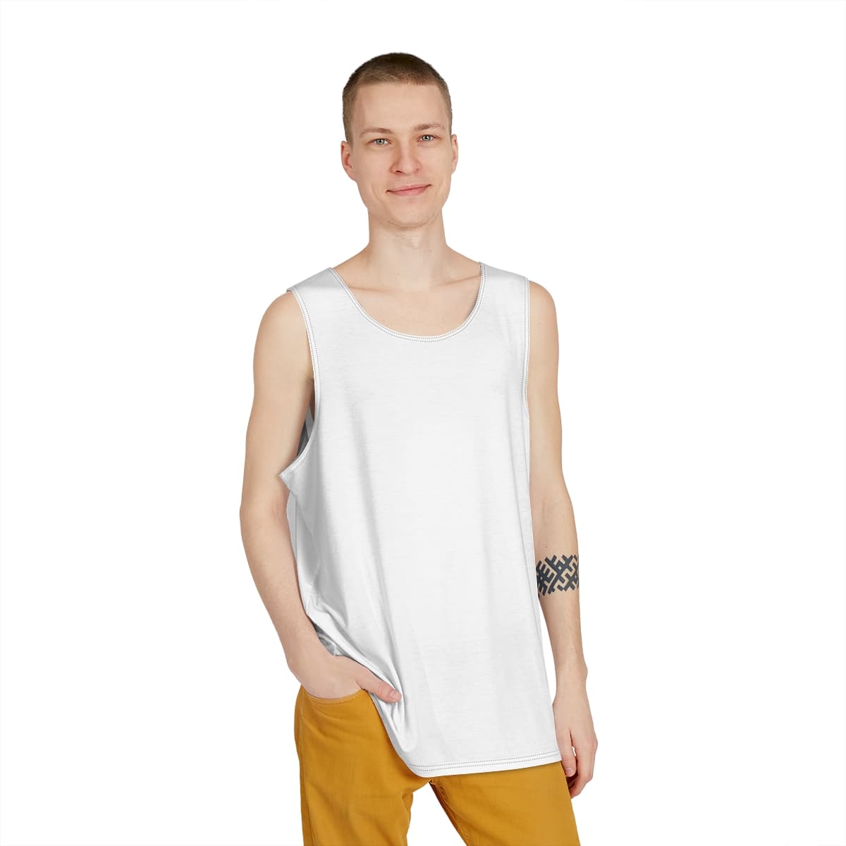 Plain seam thread color automatically matched to design men's tank (aop), front view