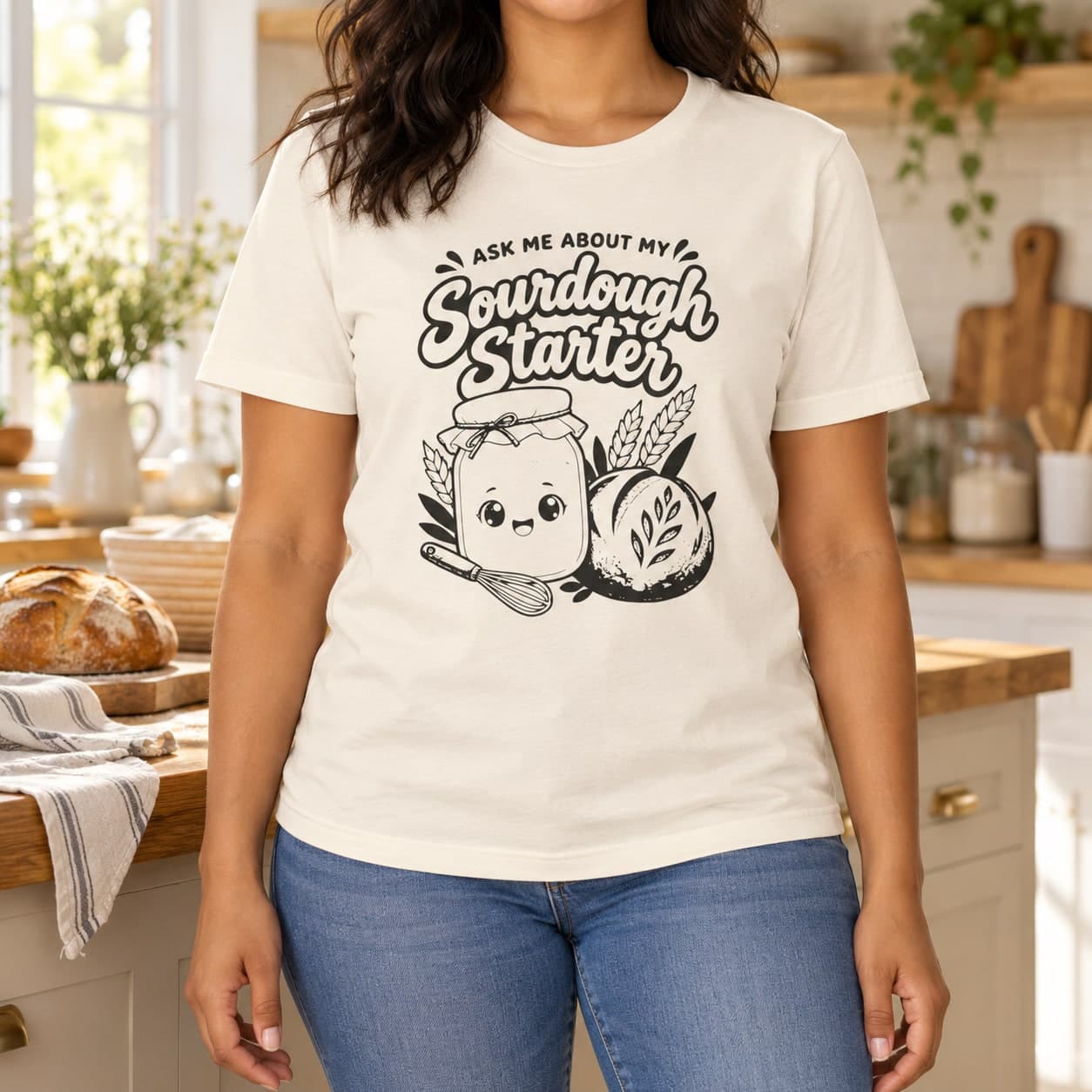 Ask Me About My Sourdough Starter T-Shirt – Bread Baker Kawaii Jar and Loaf
