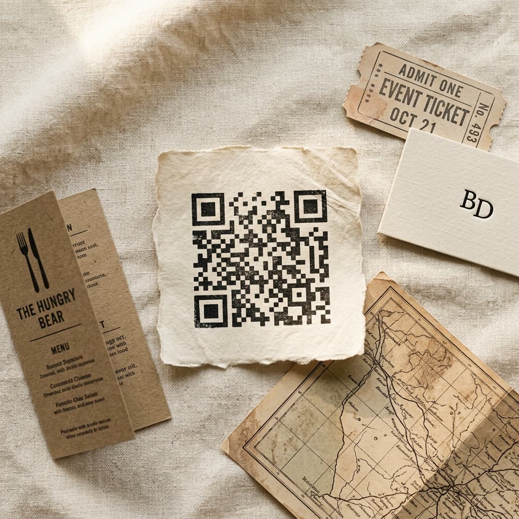 Overhead flat-lay on cream linen: a printed QR code on hand-torn handmade paper surrounded by a kraft menu, an aged event ticket, a pressed-linen BD business card, and a sepia map — warm morning light