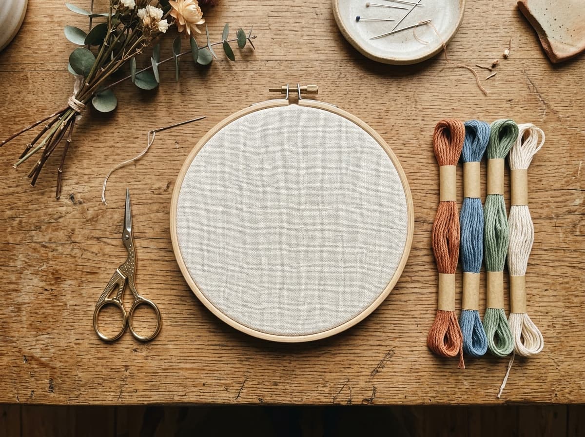 Top-down embroidery hoop with linen, skeins of terracotta, blue and sage thread and gold scissors on oak