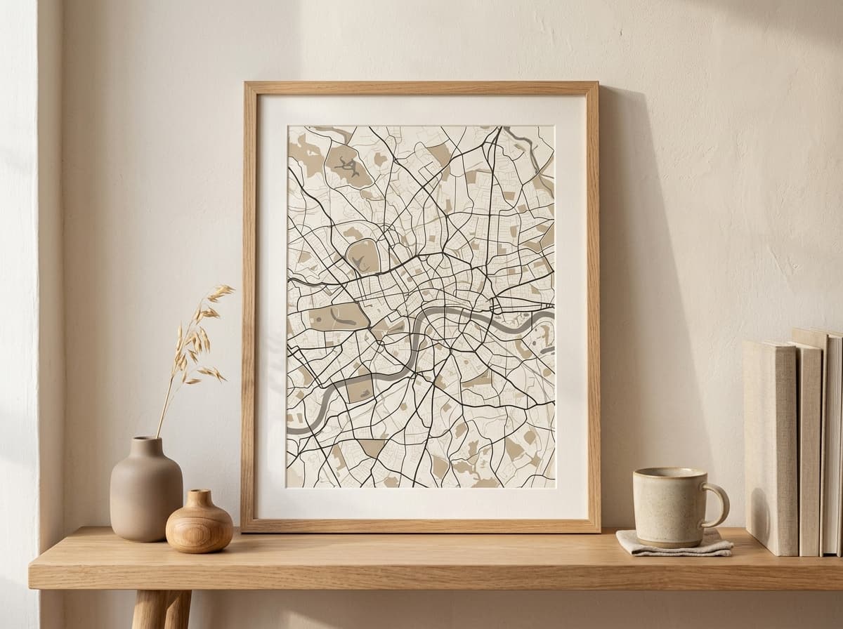 Framed custom city map poster on an oak shelf against a warm plaster wall