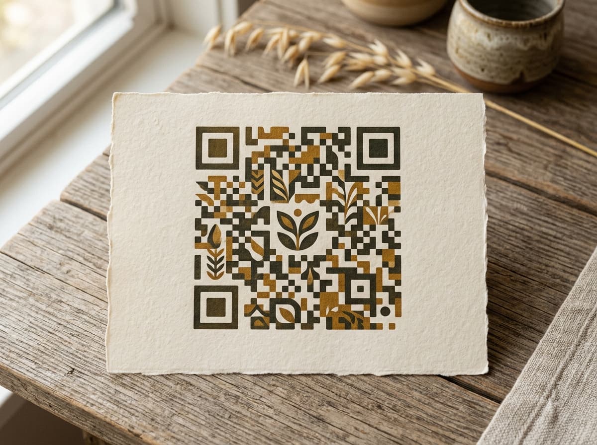 Artisan-styled branded QR code printed on handmade cream paper on a rustic wood table
