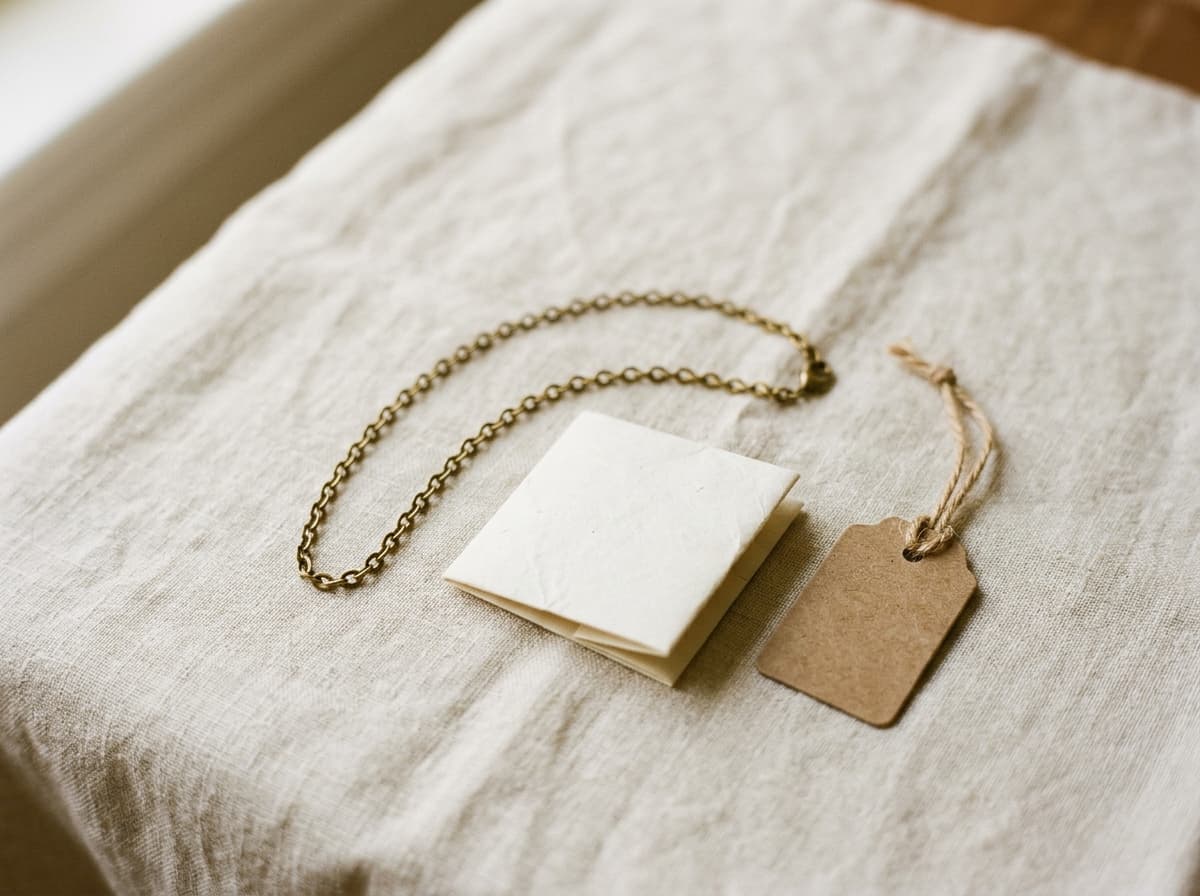 Warm flat-lay of a brass chain, a folded paper note and a kraft tag on cream linen